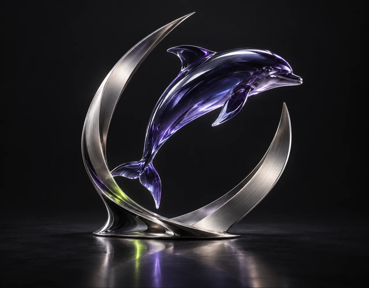 Genjutsu editorial cover: a leaping dolphin following one continuous elegant motion curve, embraced by two quiet curved metallic fins