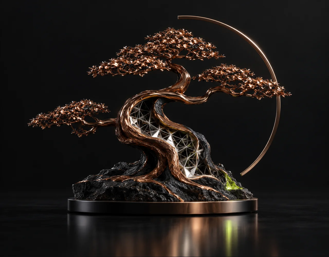 Rodin 2.5 editorial cover: a refined geometric bonsai whose small open section reveals precise silver triangular topology, framed by one incomplete slender arch