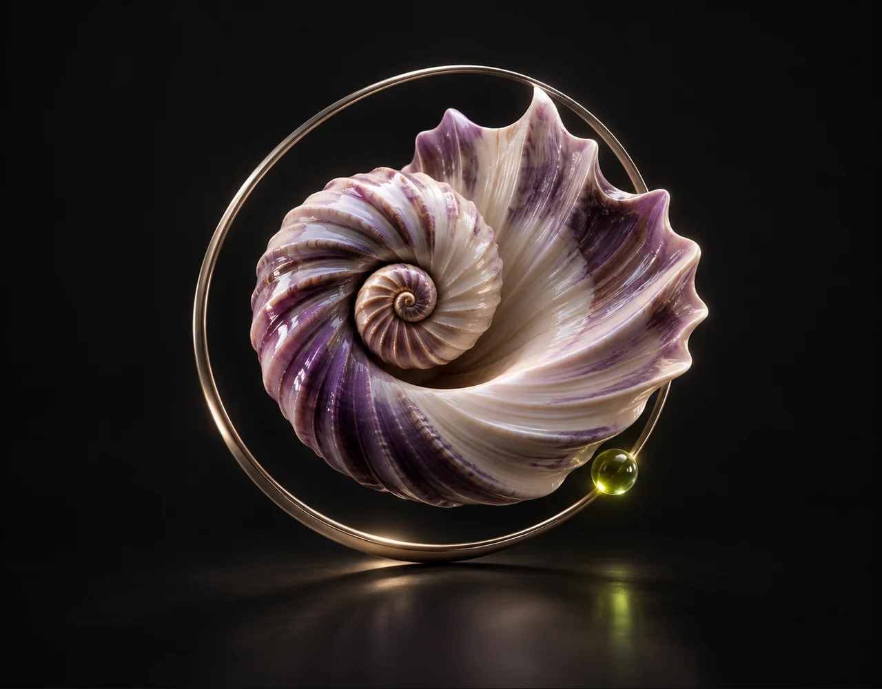 Ideogram 2 Turbo editorial cover: a tactile spiral seashell, floating within a thin offset optical ring