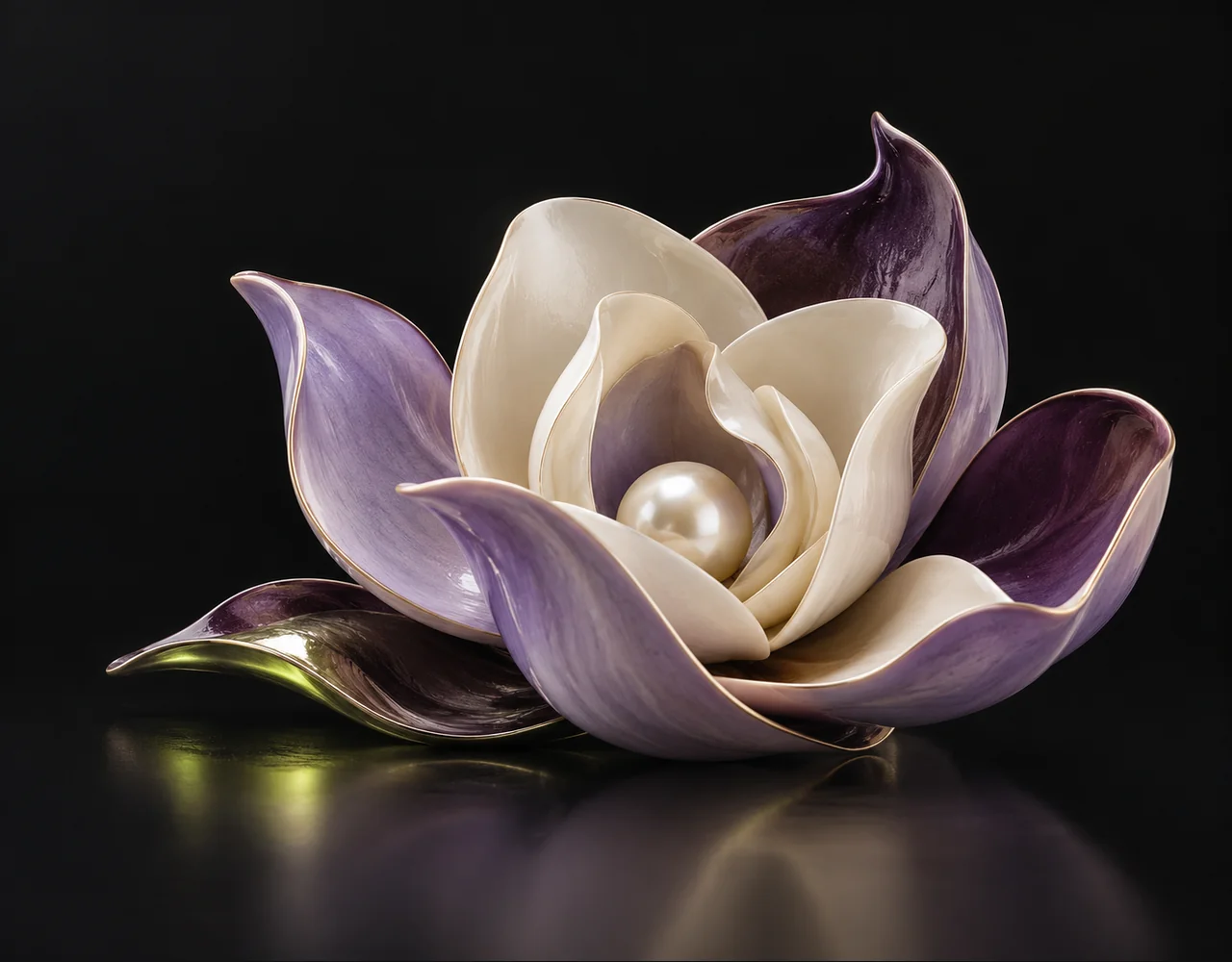 Ideogram 3 Quality editorial cover: a tactile folded magnolia, curving around a small pearl core