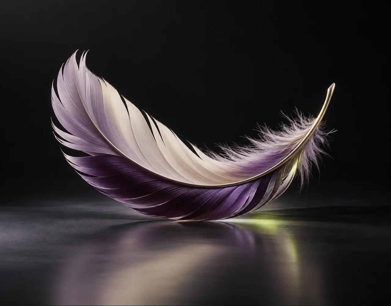 Ideogram Character editorial cover: a tactile curved feather, suspended over a single flat satin plane