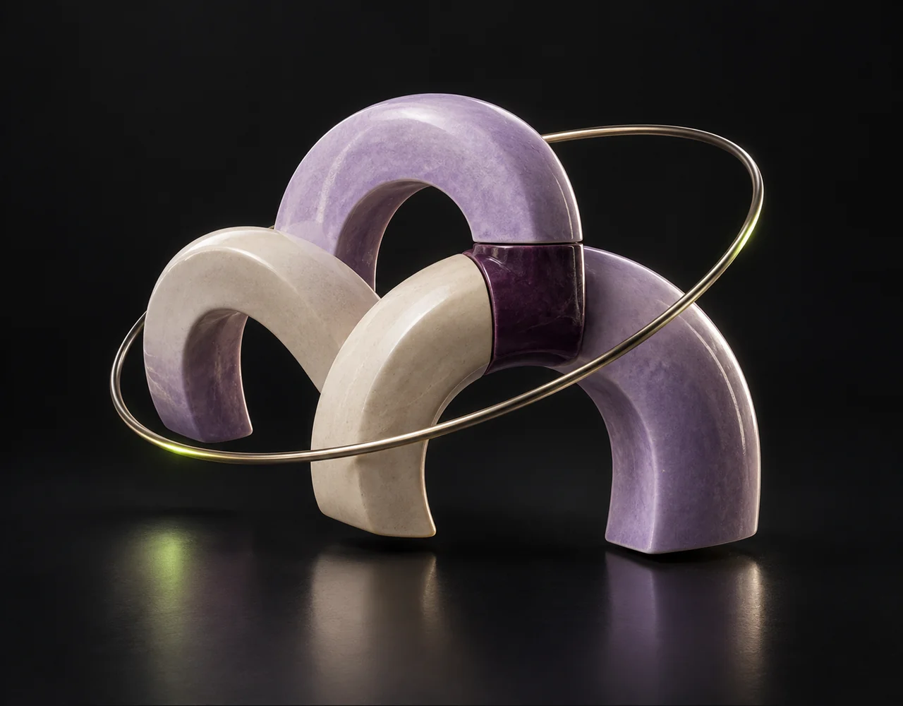Ideogram Object Remover editorial cover: a interlocking ceramic arches with one precisely fitted contrasting ceramic replacement section, floating within a thin offset optical ring