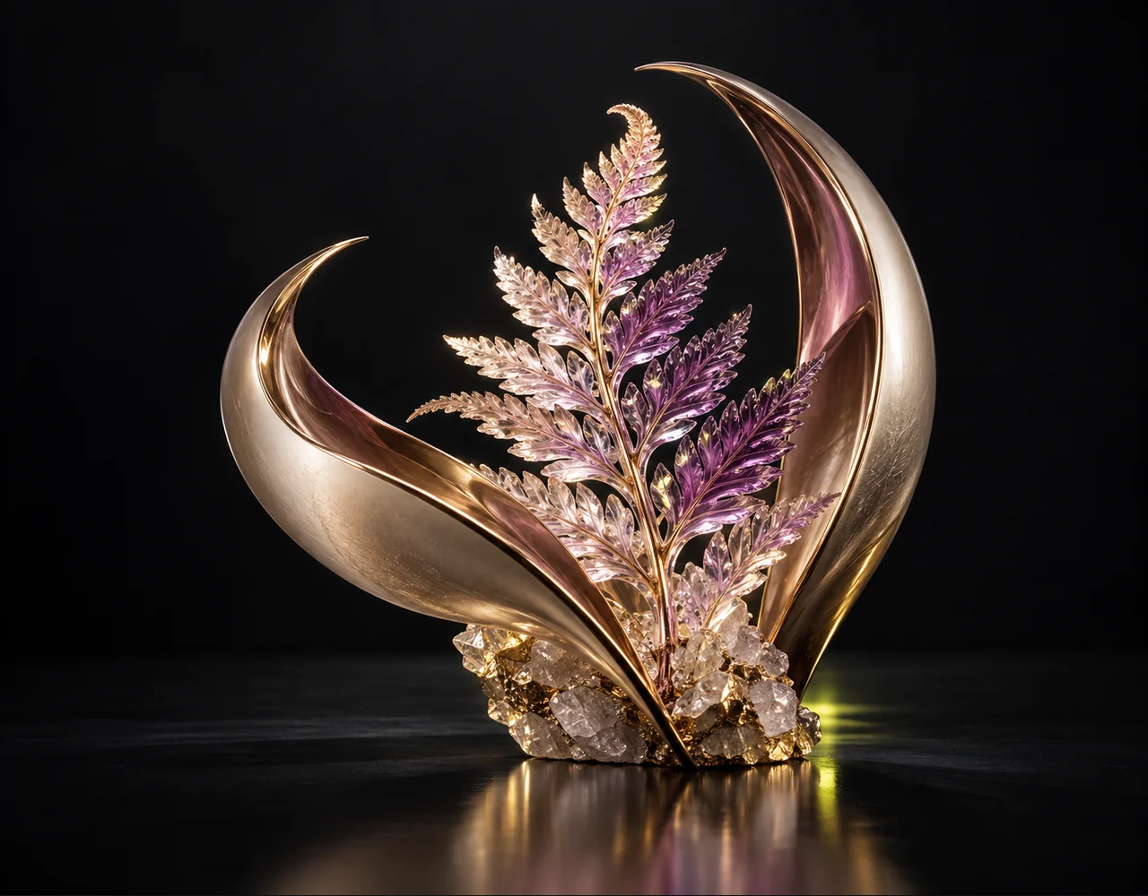 Imagineart 1.5 Pro editorial cover: a tactile crystalline fern, embraced by two quiet curved metallic fins