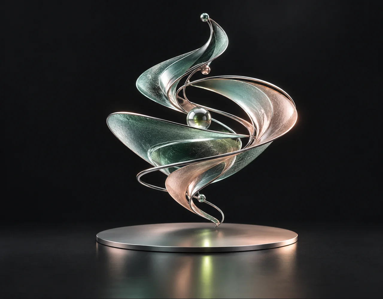 Inworld 1.5 Max editorial cover: a acoustic spiral, suspended over a single flat satin plane