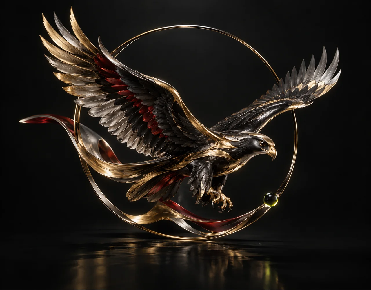Kling 1.6 Multi Pro editorial cover: a banking falcon following one continuous elegant motion curve, floating within a thin offset optical ring