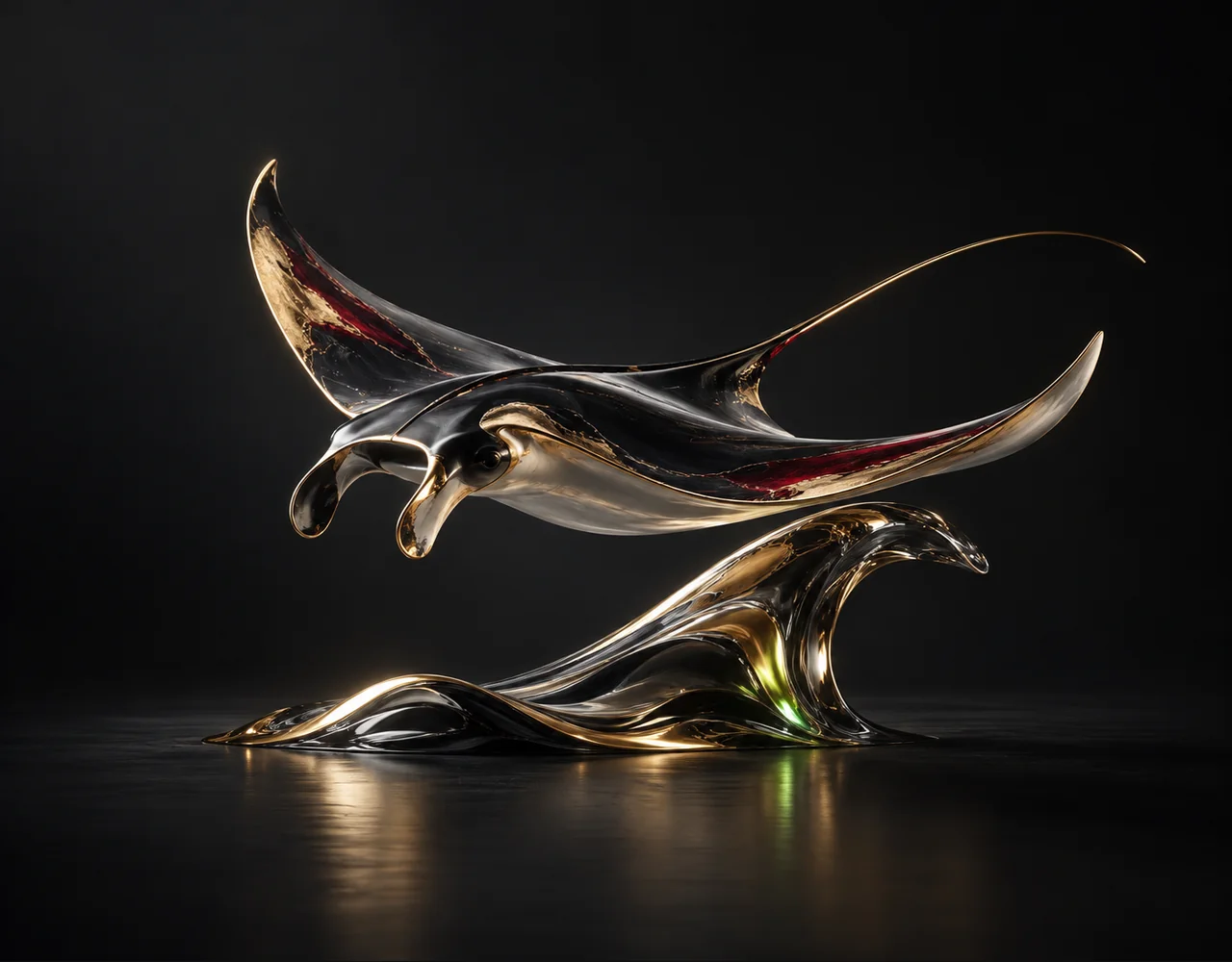 Kling 1.6 Multi Standard editorial cover: a flowing manta ray following one continuous elegant motion curve, resting above one soft sculptural ripple