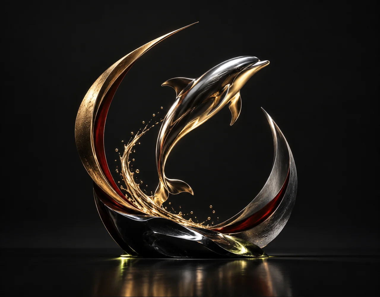Kling 1.6 Pro editorial cover: a leaping dolphin following one continuous elegant motion curve, embraced by two quiet curved metallic fins