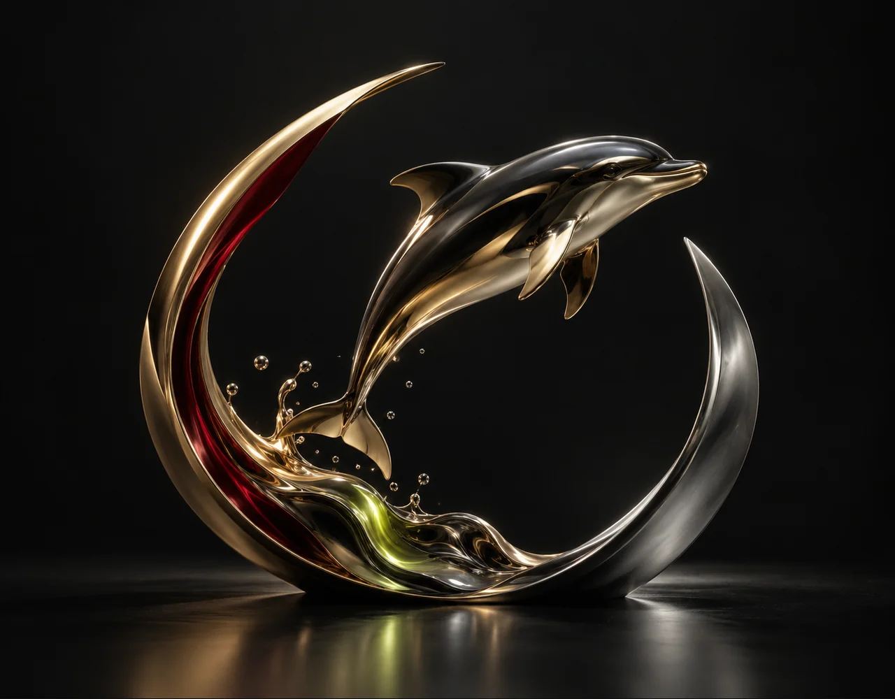 Kling 2.1 Master editorial cover: a leaping dolphin following one continuous elegant motion curve, embraced by two quiet curved metallic fins