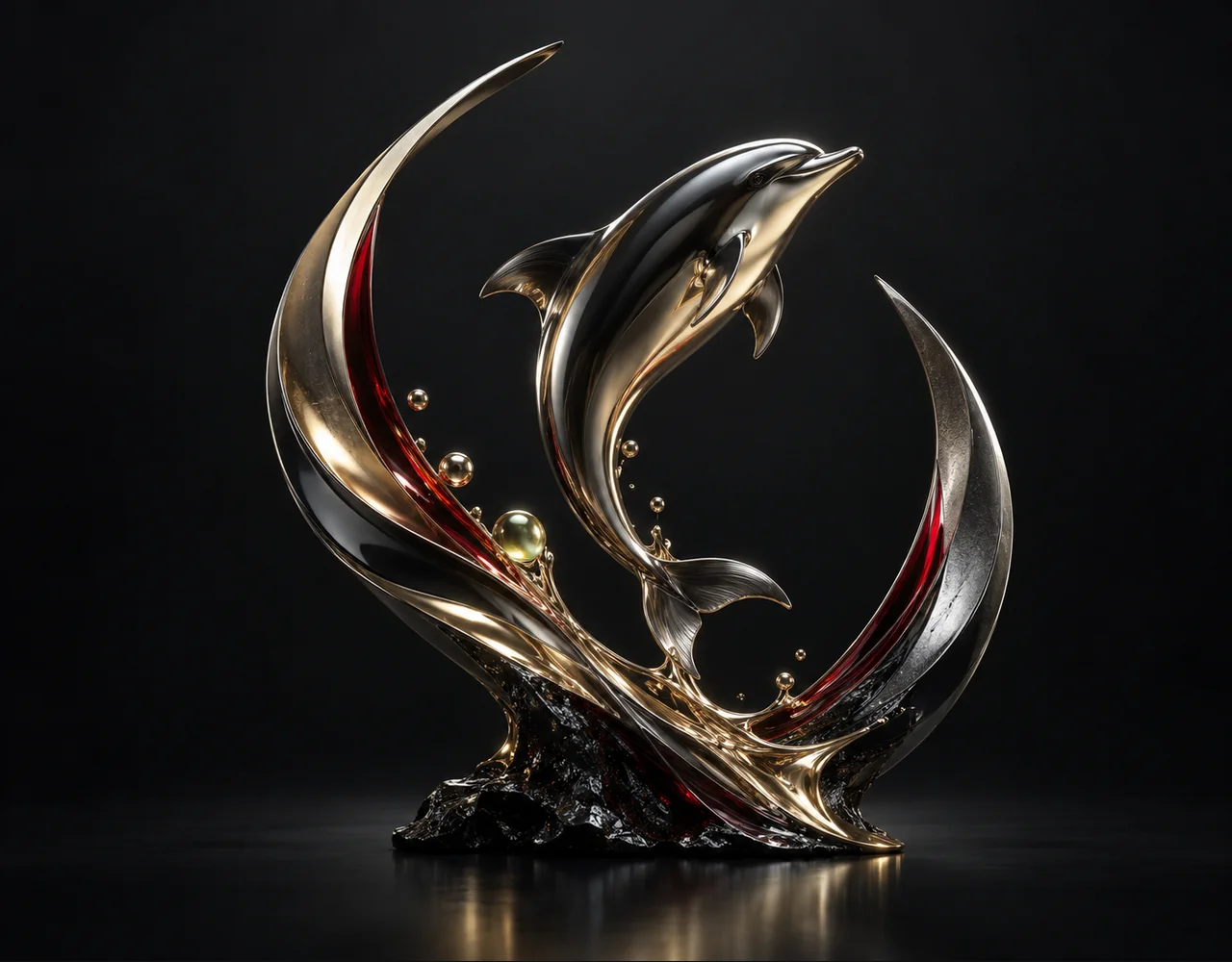 Kling 2.1 Pro editorial cover: a leaping dolphin following one continuous elegant motion curve, embraced by two quiet curved metallic fins
