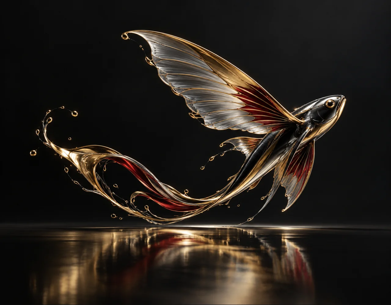 Kling 2.1 Standard editorial cover: a sculptural flying fish following one continuous elegant motion curve, suspended over a single flat satin plane
