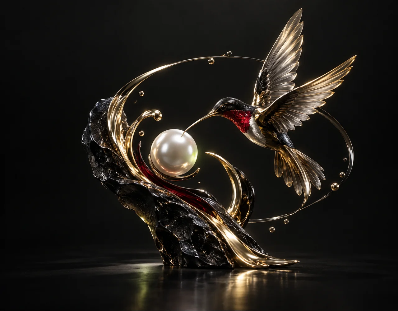 Kling 2.5 Turbo Pro editorial cover: a swift hummingbird following one continuous elegant motion curve, curving around a small pearl core