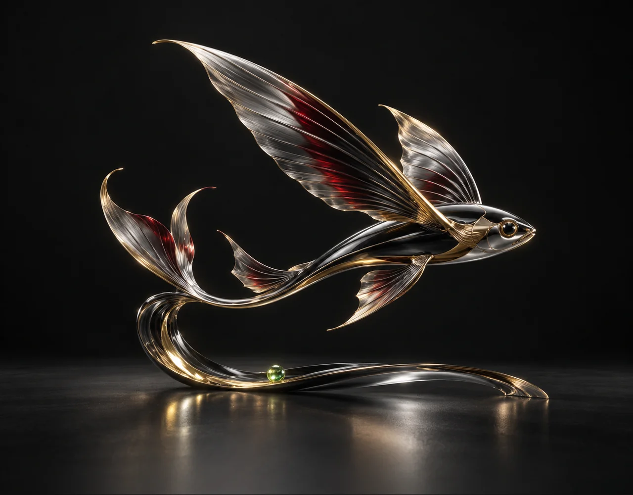 Kling 2.5 Turbo Standard editorial cover: a sculptural flying fish following one continuous elegant motion curve, suspended over a single flat satin plane