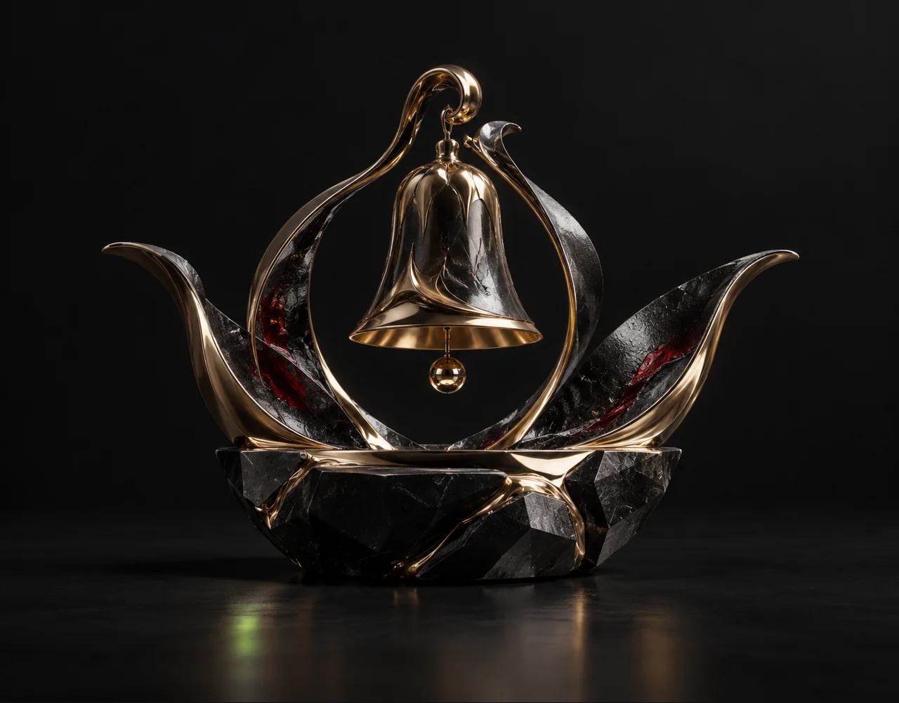 Kling 2.6 editorial cover: a sculptural bell, arising from a low geometric vessel