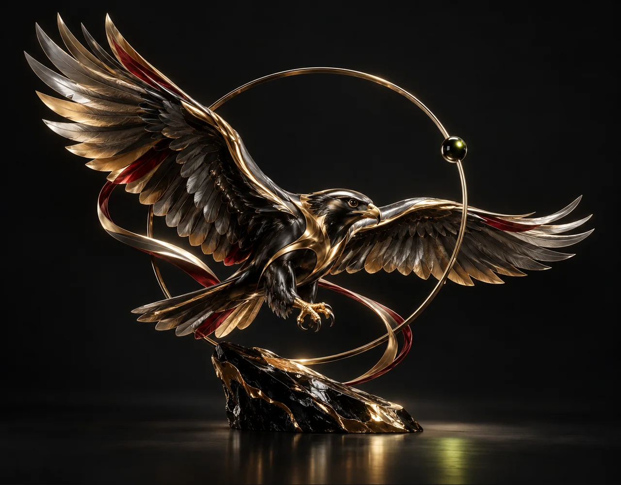 Kling 2.6 Standard editorial cover: a banking falcon following one continuous elegant motion curve, floating within a thin offset optical ring