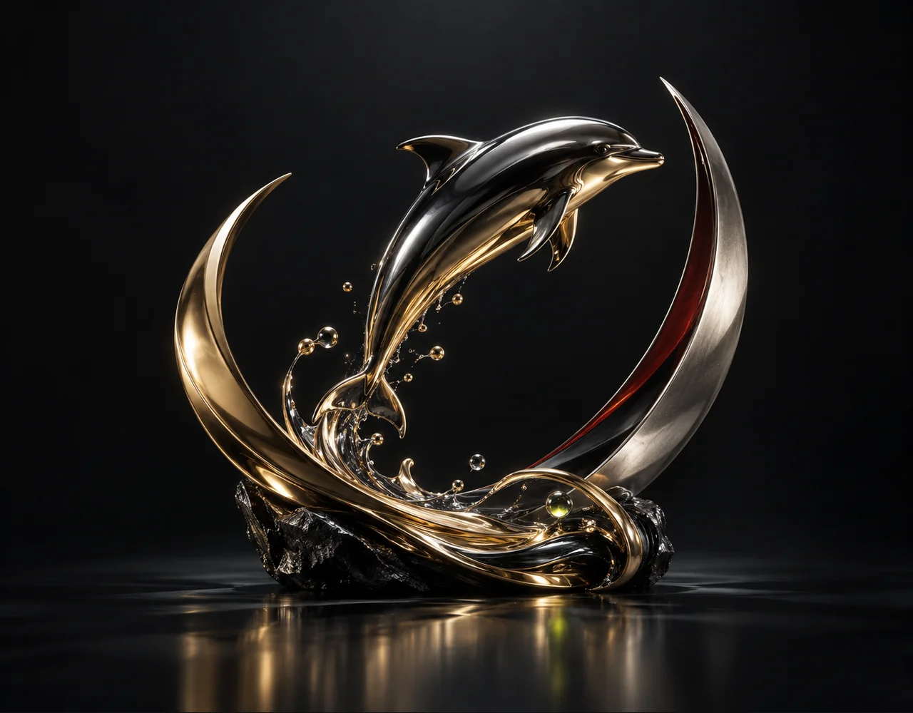 Kling 2.6 editorial cover: a leaping dolphin following one continuous elegant motion curve, embraced by two quiet curved metallic fins