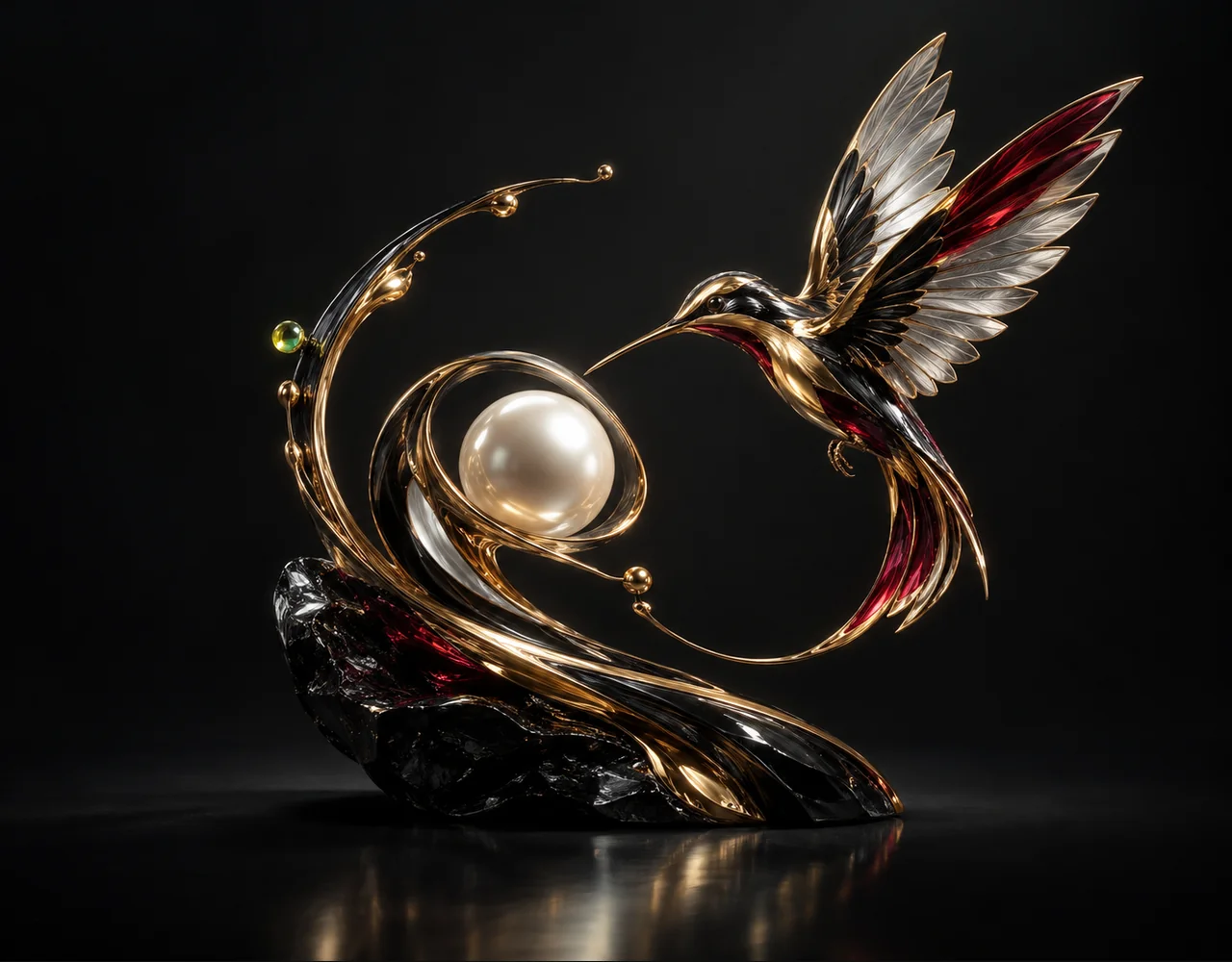 Kling 3 Omni editorial cover: a swift hummingbird following one continuous elegant motion curve, curving around a small pearl core