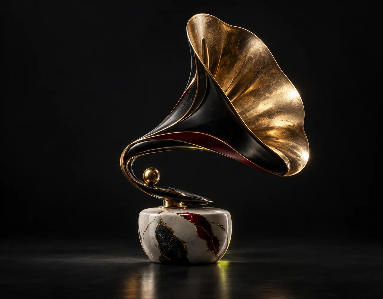 Kling editorial cover: a sculptural acoustic horn, balanced on a small contrasting ceramic plinth