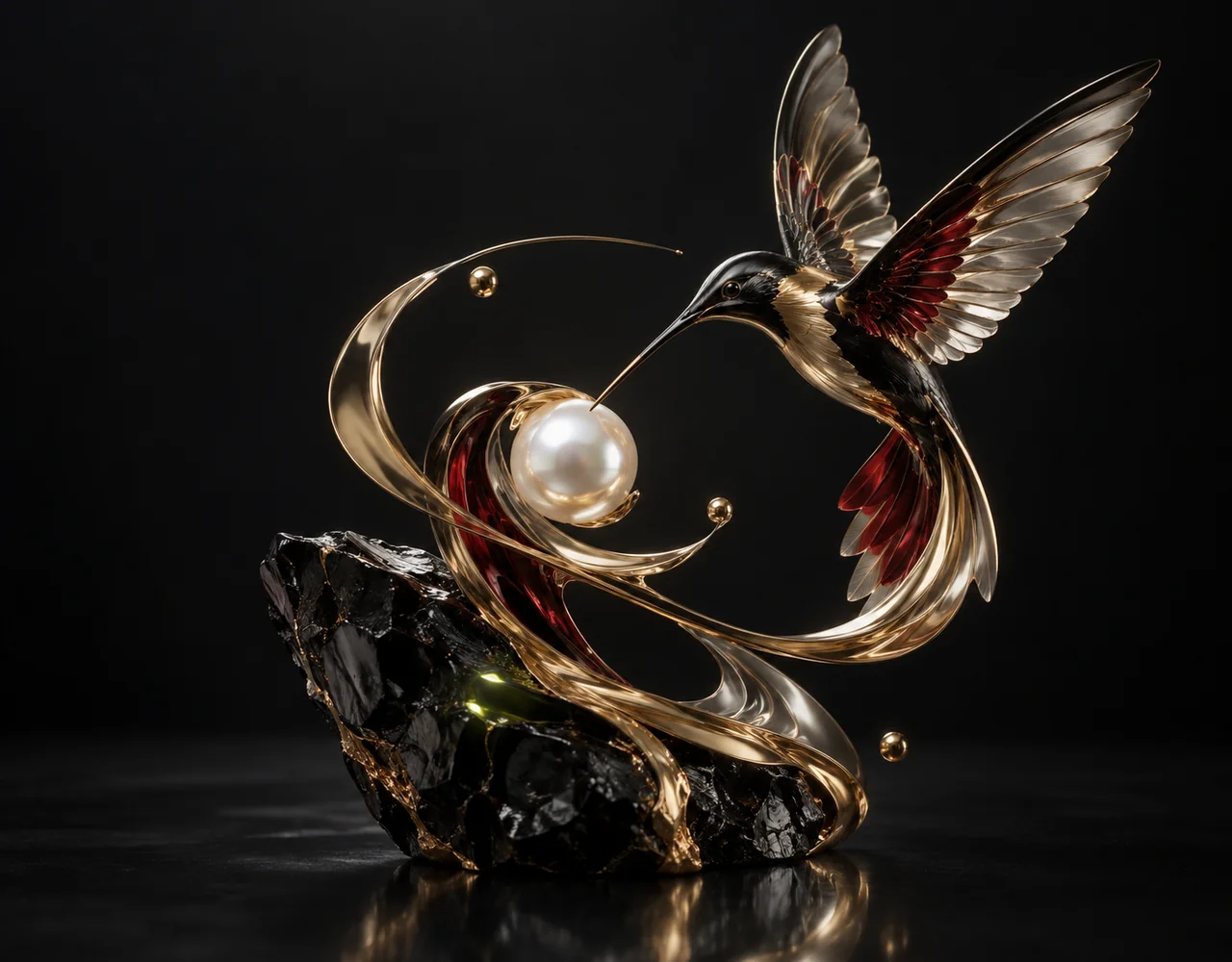 Kling Effects editorial cover: a swift hummingbird following one continuous elegant motion curve, curving around a small pearl core