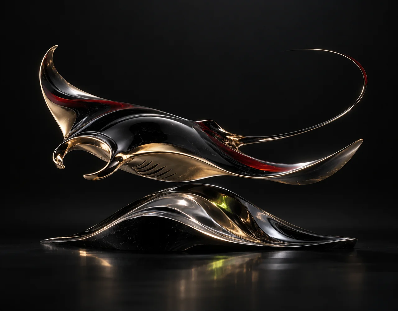 Kling Elements Advanced editorial cover: a flowing manta ray following one continuous elegant motion curve, resting above one soft sculptural ripple