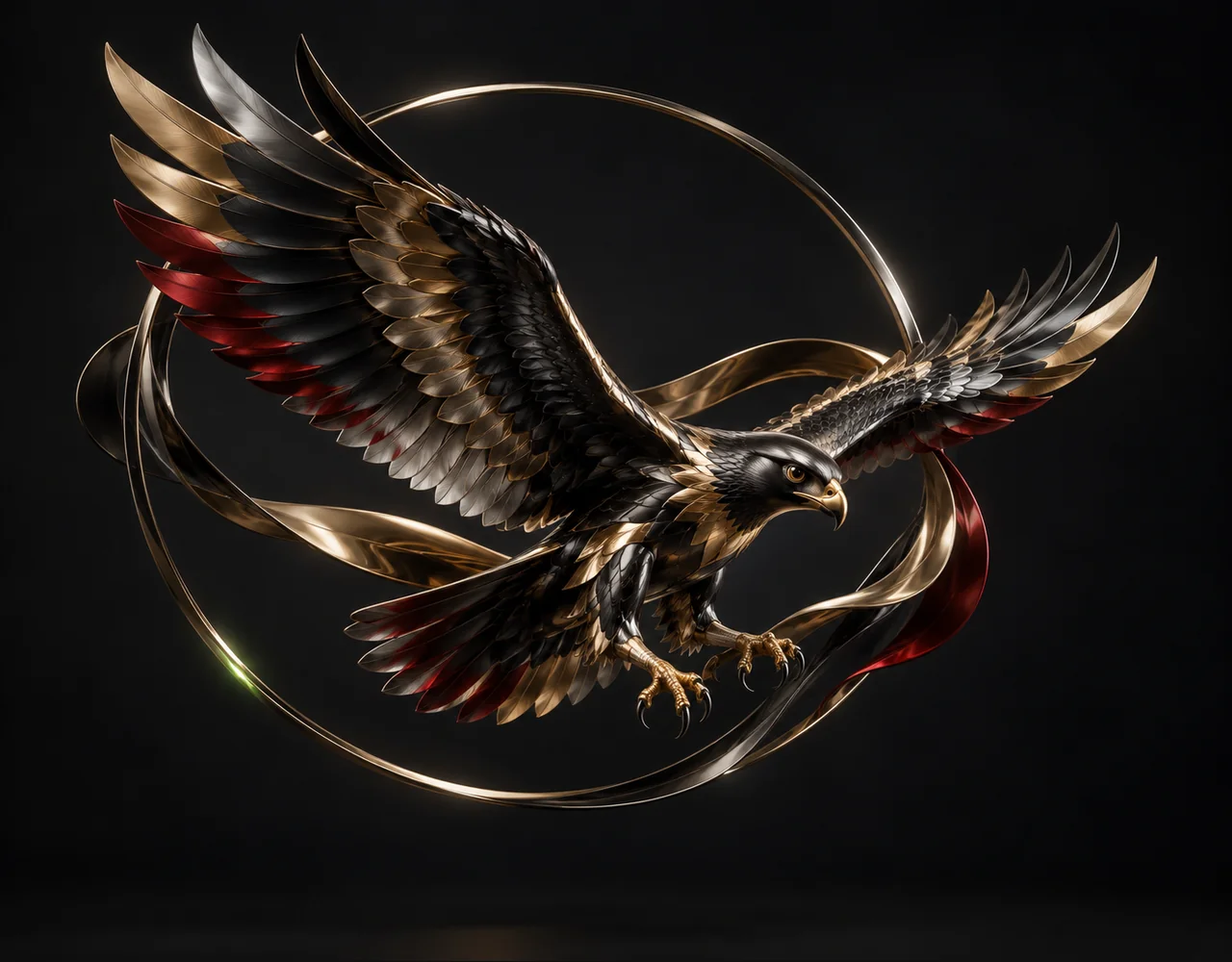 Kling Elements editorial cover: a banking falcon following one continuous elegant motion curve, floating within a thin offset optical ring