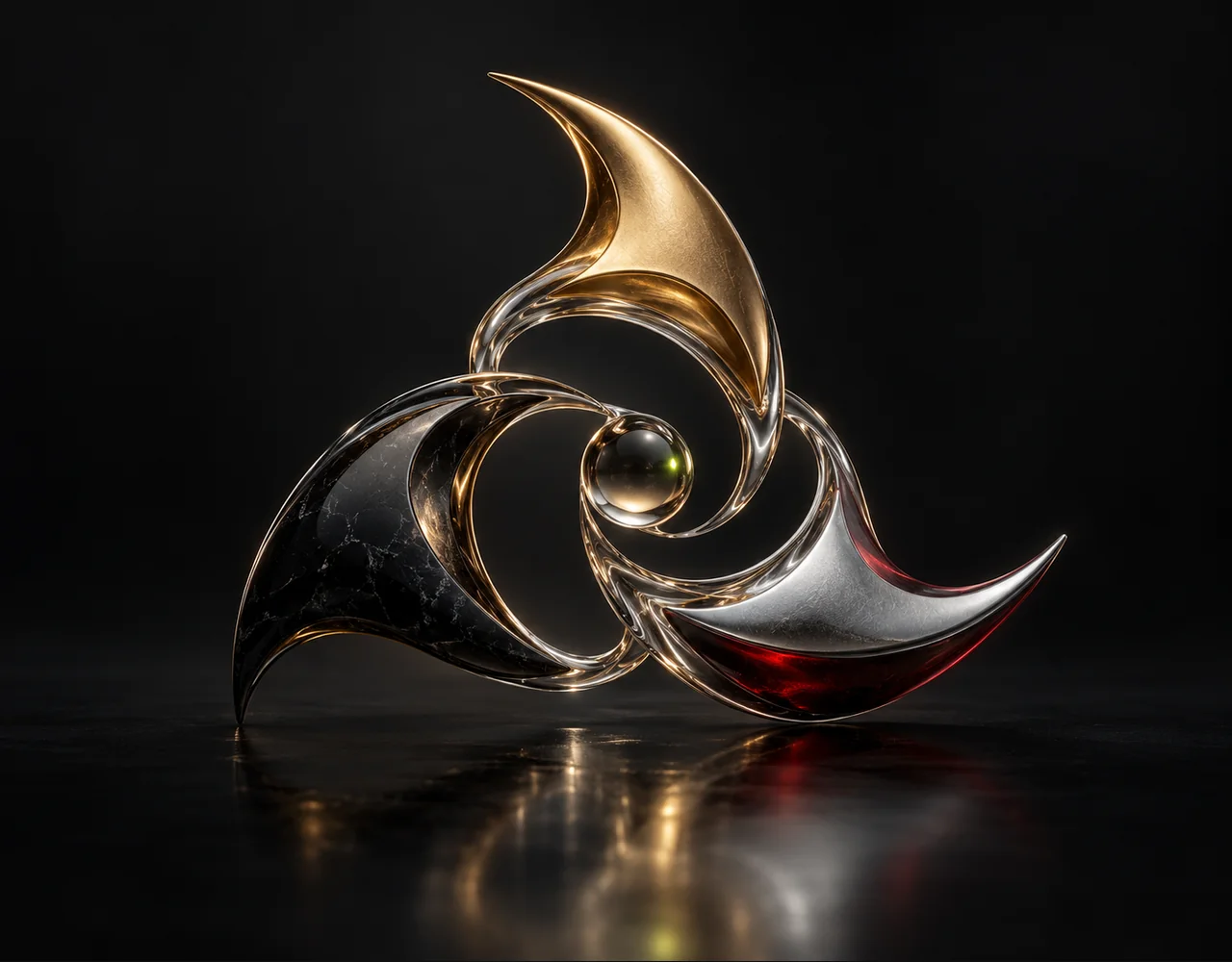 Kling To Audio editorial cover: a three curved tuning fins exchanging one continuous glass sound contour, centred beside one small optical droplet