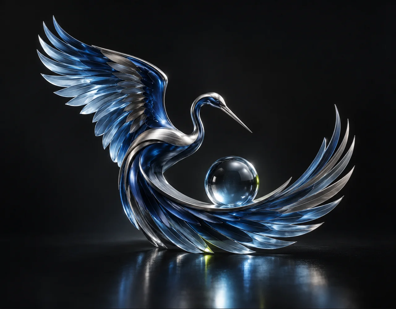 LTX 2 19B editorial cover: a sweeping crane wing following one continuous elegant motion curve, centred beside one small optical droplet