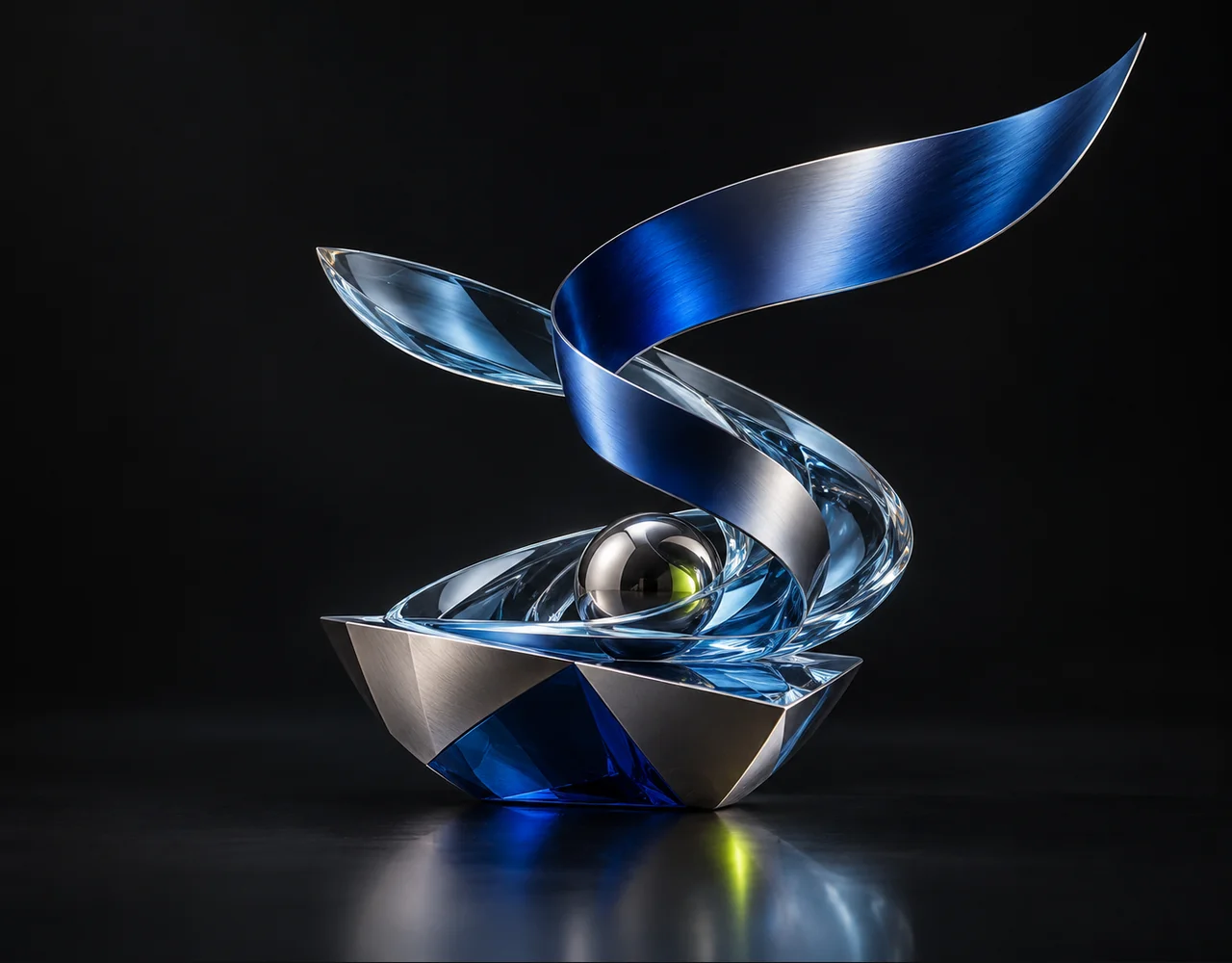 LTX 2.5 editorial cover: a folded cinematic ribbon following one continuous elegant motion curve, arising from a low geometric vessel