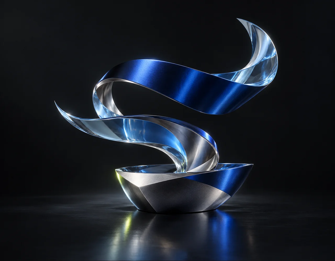 LTX 2 Pro editorial cover: a folded cinematic ribbon following one continuous elegant motion curve, arising from a low geometric vessel