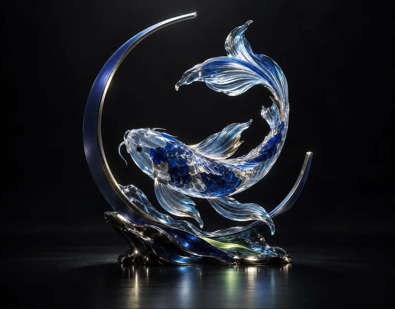 LTX 2 editorial cover: a glass koi following one continuous elegant motion curve, framed by one incomplete slender arch