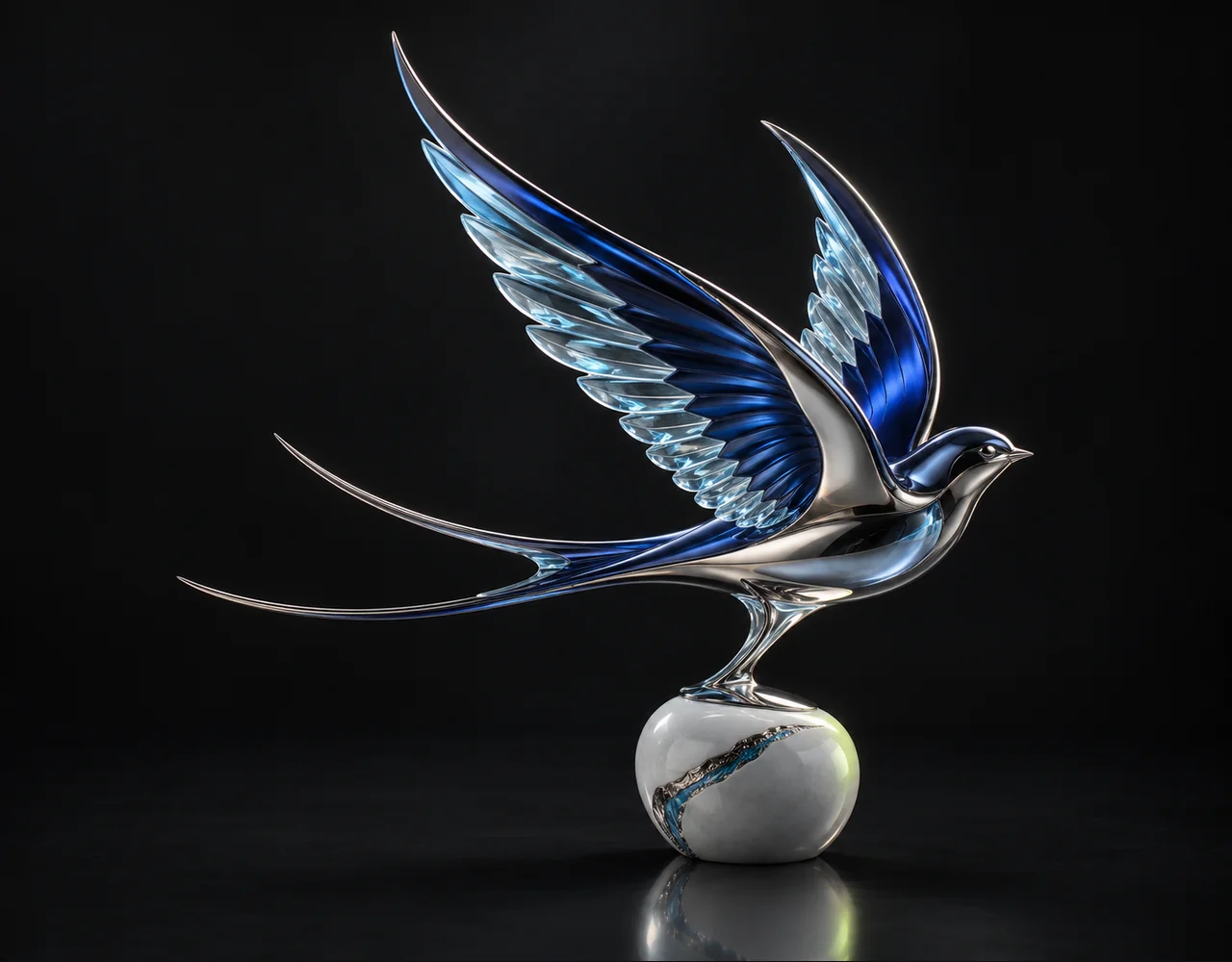 LTX Video 097 editorial cover: a sculptural swallow following one continuous elegant motion curve, balanced on a small contrasting ceramic plinth