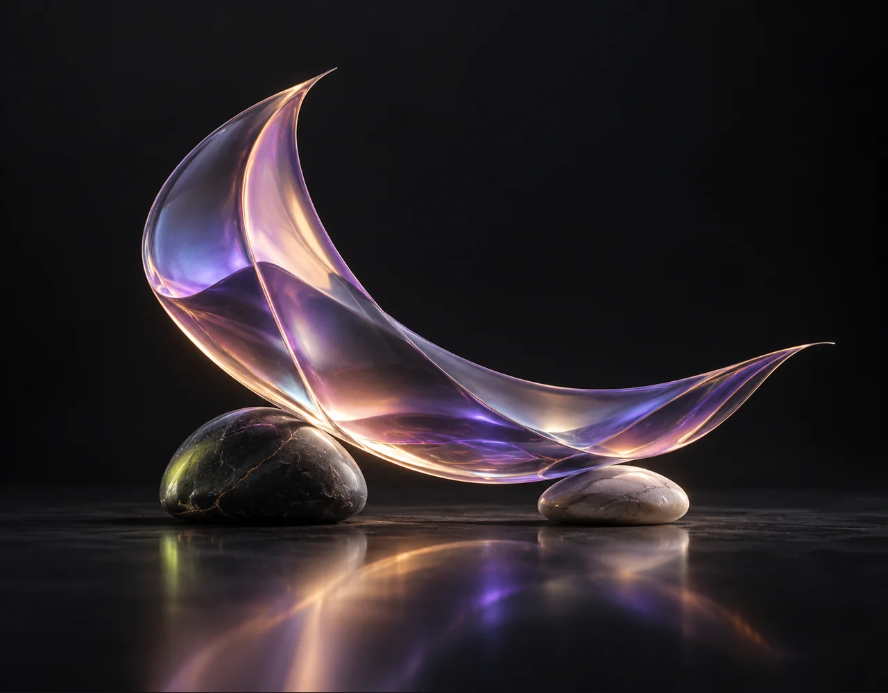 Ray 1.6 editorial cover: a flowing sail following one continuous elegant motion curve, balanced over two low contrasting pebbles