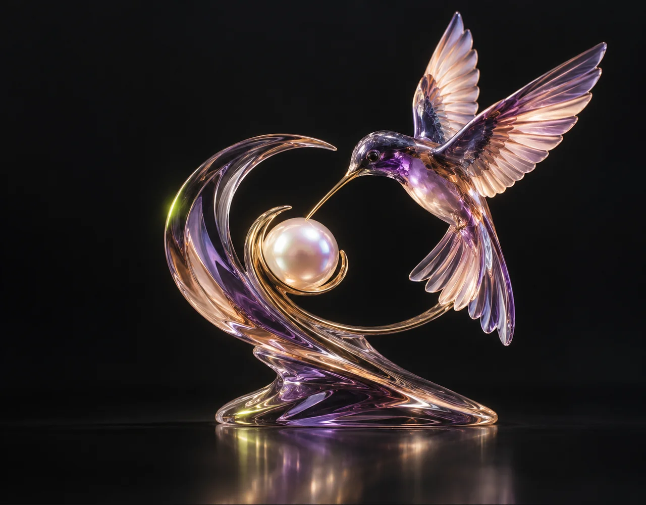 Ray 2 Flash editorial cover: a swift hummingbird following one continuous elegant motion curve, curving around a small pearl core