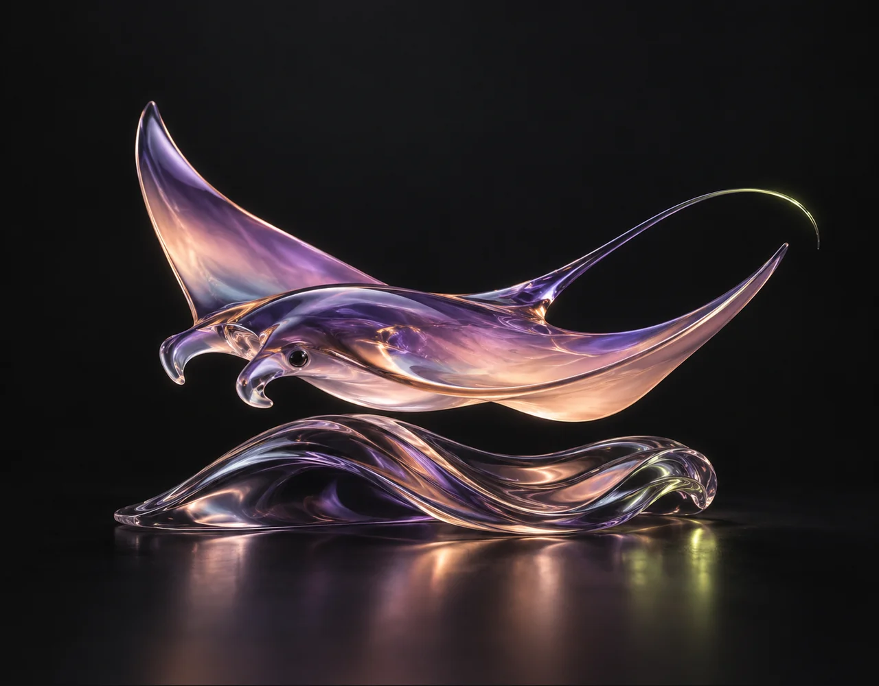 Ray 2 editorial cover: a flowing manta ray following one continuous elegant motion curve, resting above one soft sculptural ripple