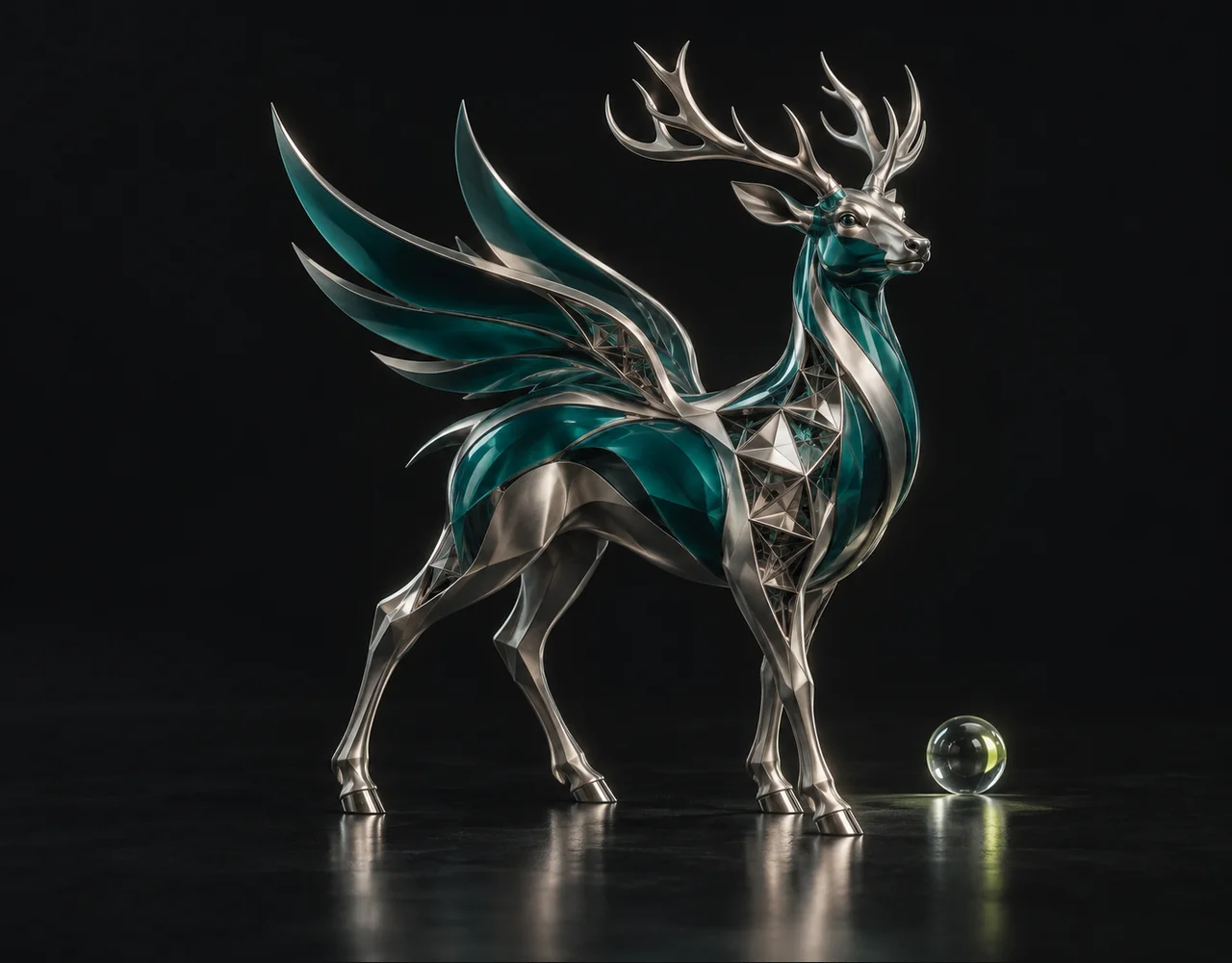 Meshy 7.1 editorial cover: a refined sculptural stag whose small open section reveals precise silver triangular topology, centred beside one small optical droplet