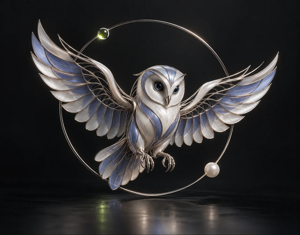 SAM 3D Body editorial cover: a restrained geometric sculpture with a fine silver contour cage tracing a sculptural owl, floating within a thin offset optical ring