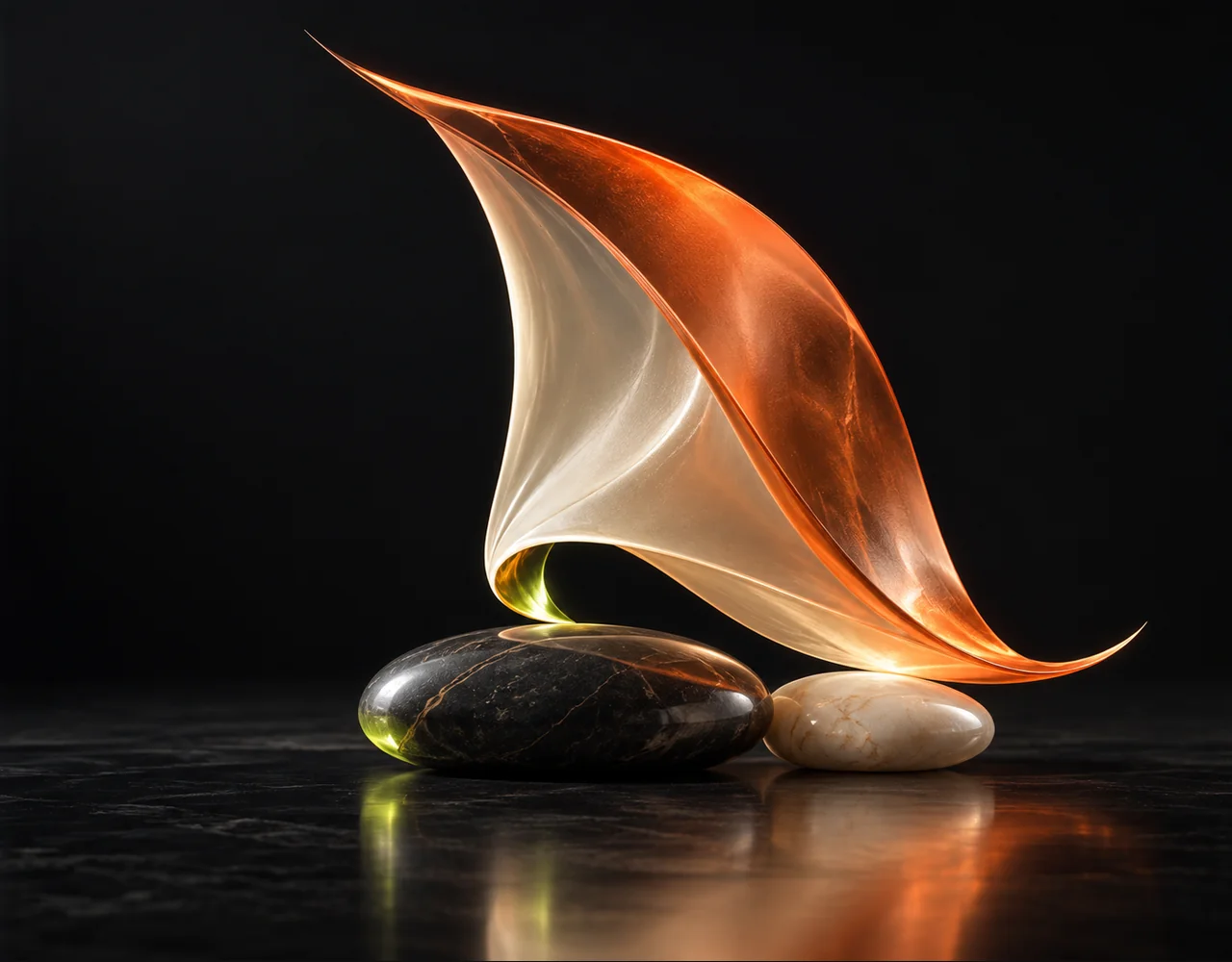 MiniMax 01 Director editorial cover: a flowing sail following one continuous elegant motion curve, balanced over two low contrasting pebbles