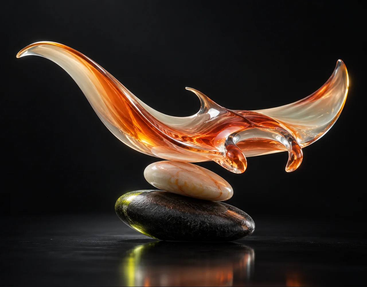 MiniMax Hailuo 02 Standard editorial cover: a tactile flowing glass manta, balanced over two low contrasting pebbles