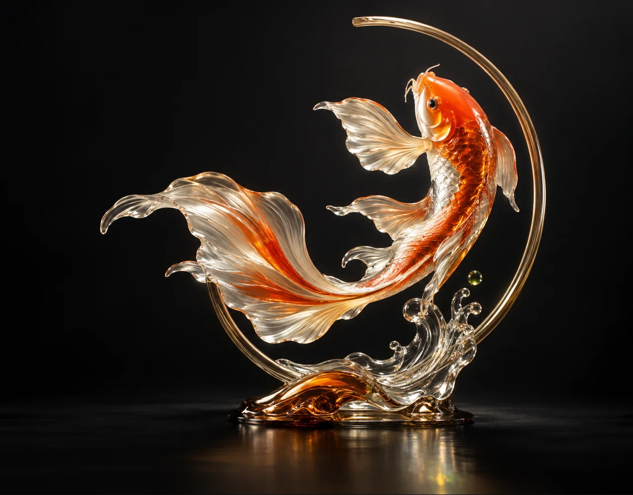 MiniMax Hailuo 02 editorial cover: a glass koi following one continuous elegant motion curve, framed by one incomplete slender arch