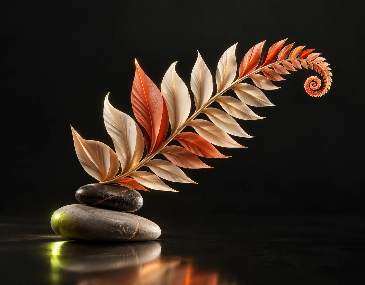 MiniMax Lyrics Generation editorial cover: a an intricate folded paper fern, balanced over two low contrasting pebbles