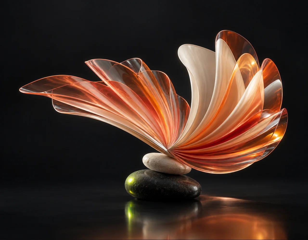 MiniMax Music 01 editorial cover: a a layered folded sound fan with a flowing rhythmic glass contour, balanced over two low contrasting pebbles
