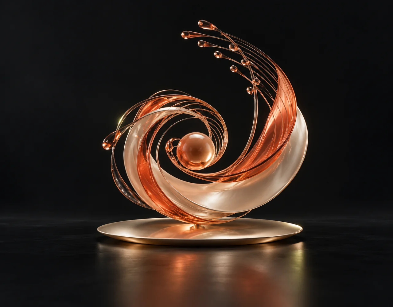 MiniMax Music 3 editorial cover: a acoustic spiral with a flowing rhythmic glass contour, suspended over a single flat satin plane