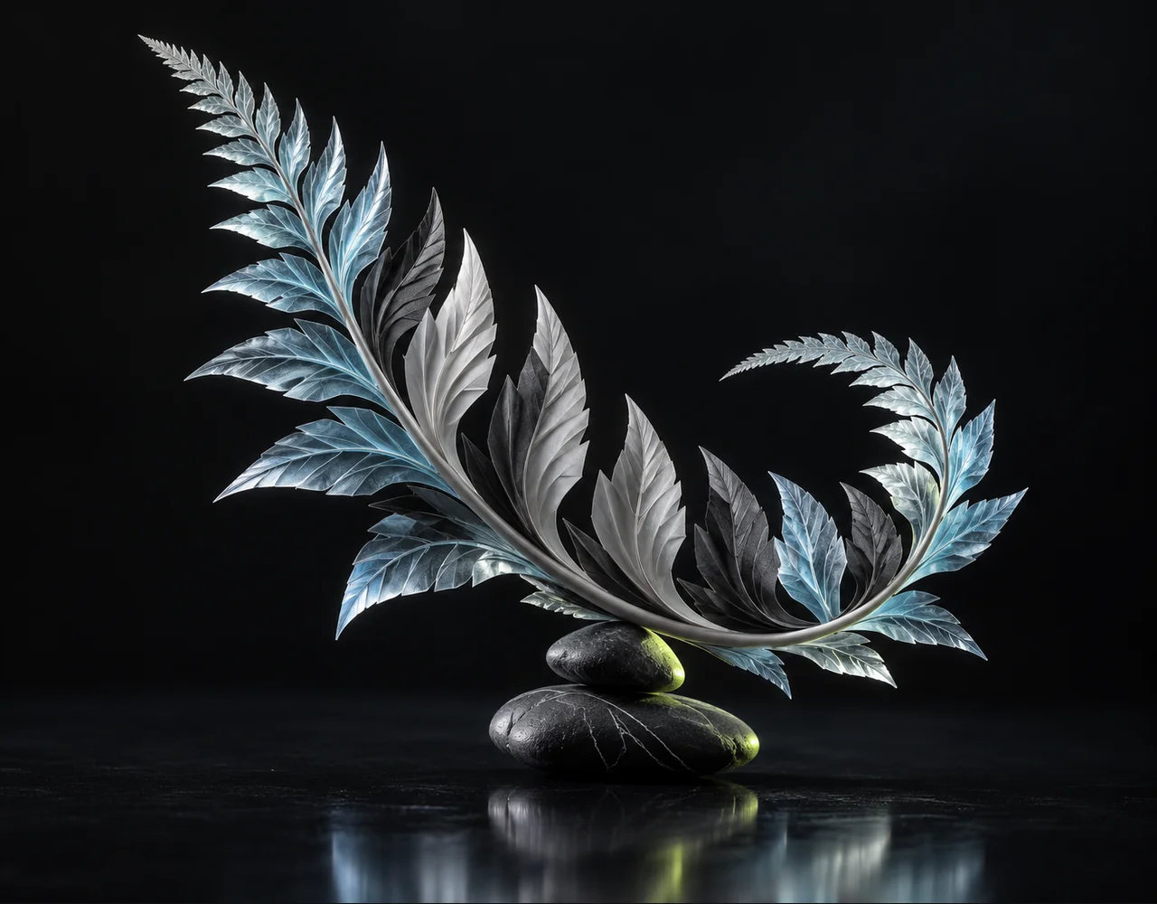 AI Fortune Teller editorial cover: a an intricate folded paper fern, balanced over two low contrasting pebbles