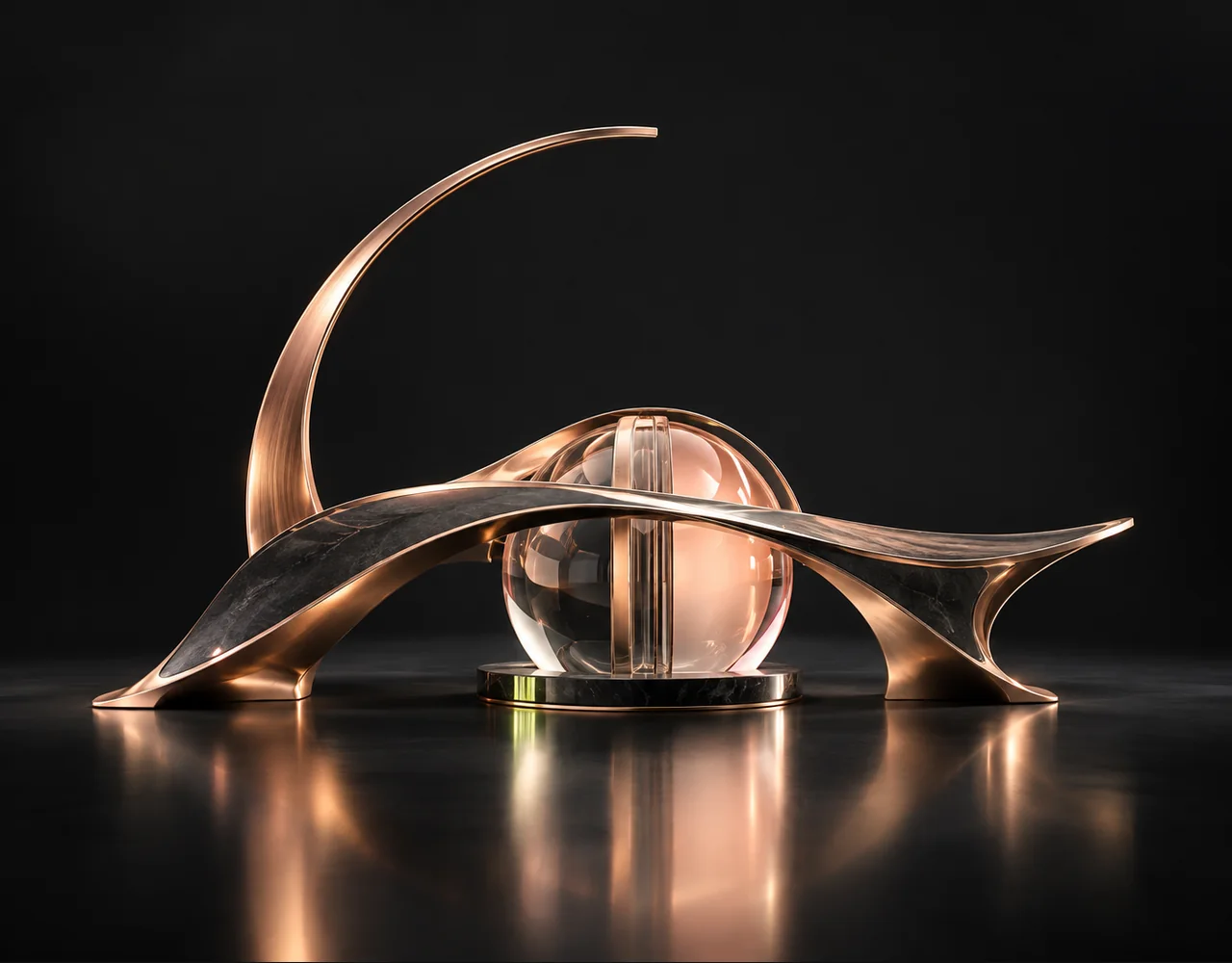 AI Math Solver editorial cover: a a sculptural bridge over a glass core, framed by one incomplete slender arch