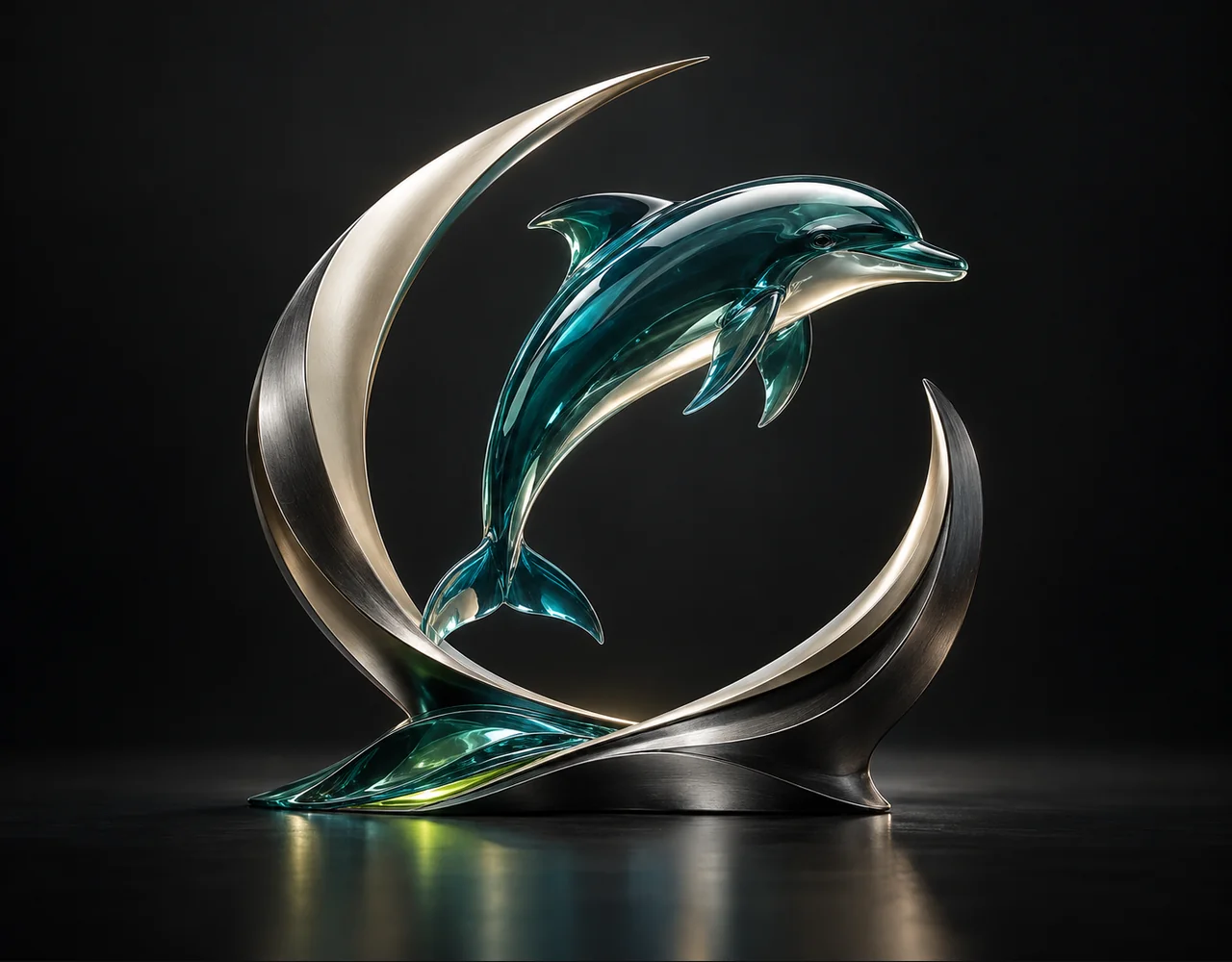 AI Parkour Video editorial cover: a leaping dolphin following one continuous elegant motion curve, embraced by two quiet curved metallic fins
