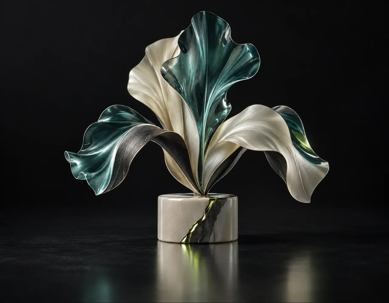 AI Travel Trends editorial cover: a tactile folded iris, balanced on a small contrasting ceramic plinth