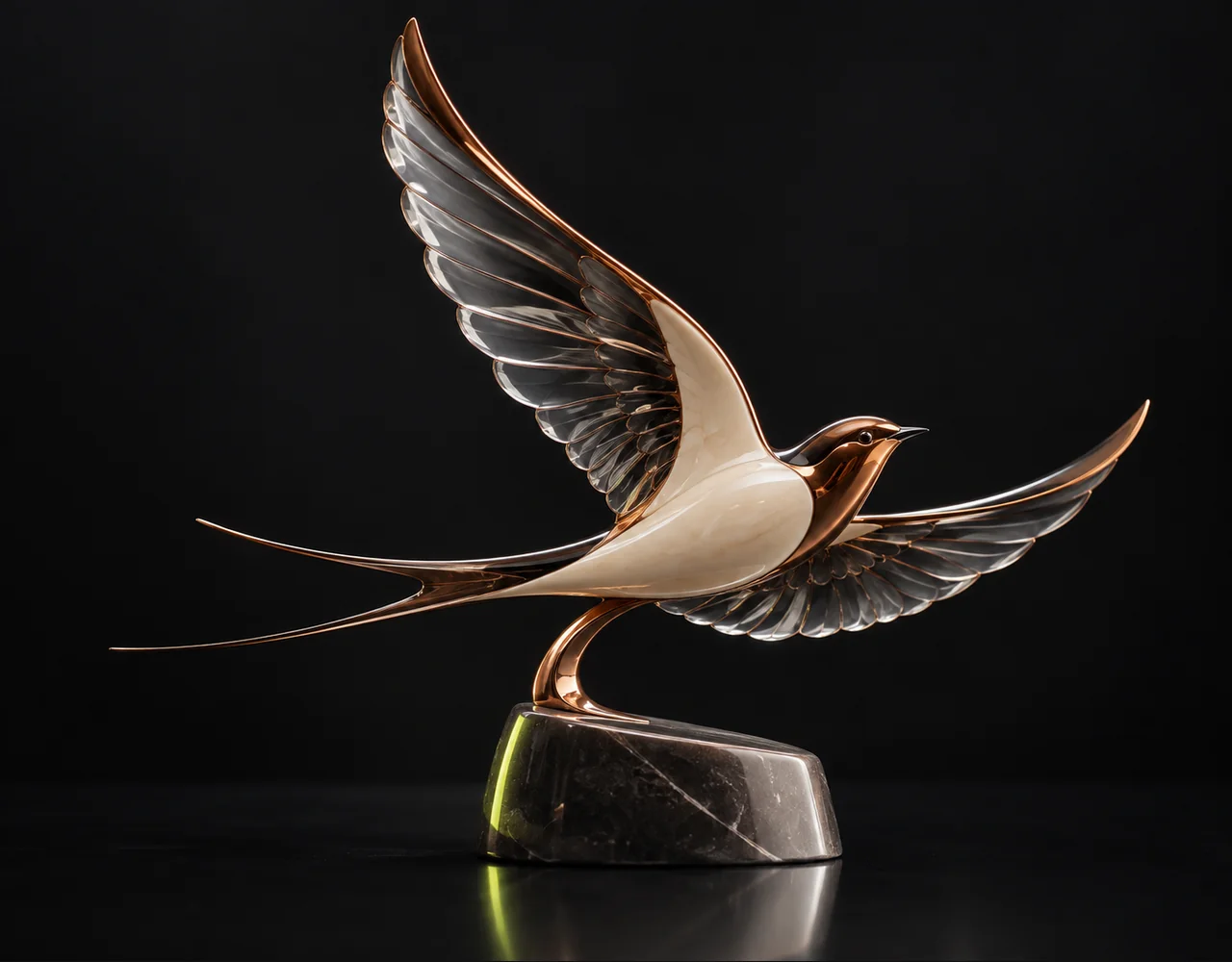 AI Video Ads editorial cover: a sculptural swallow following one continuous elegant motion curve, balanced on a small contrasting ceramic plinth