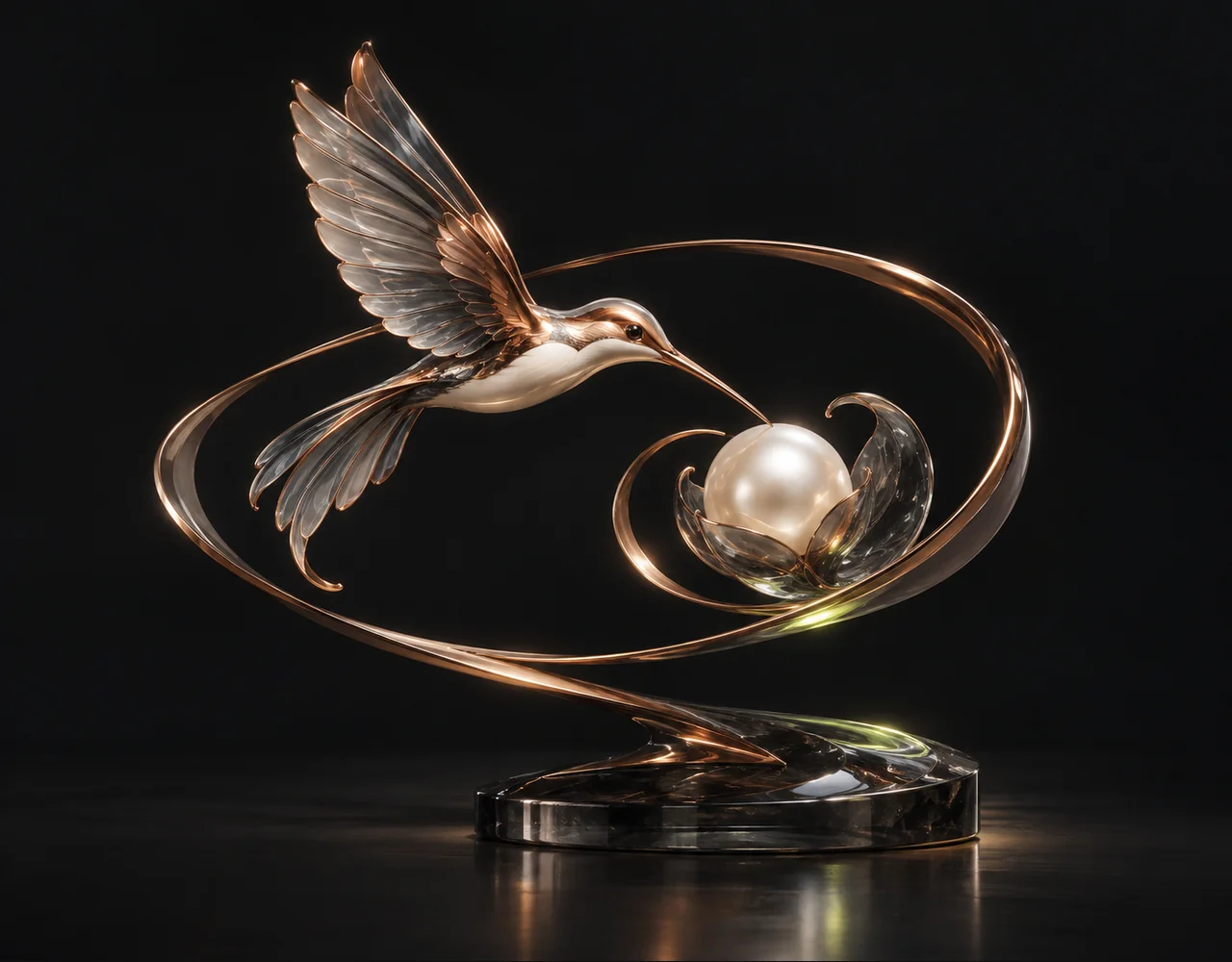 Aurora 1 editorial cover: a swift hummingbird following one continuous elegant motion curve, curving around a small pearl core