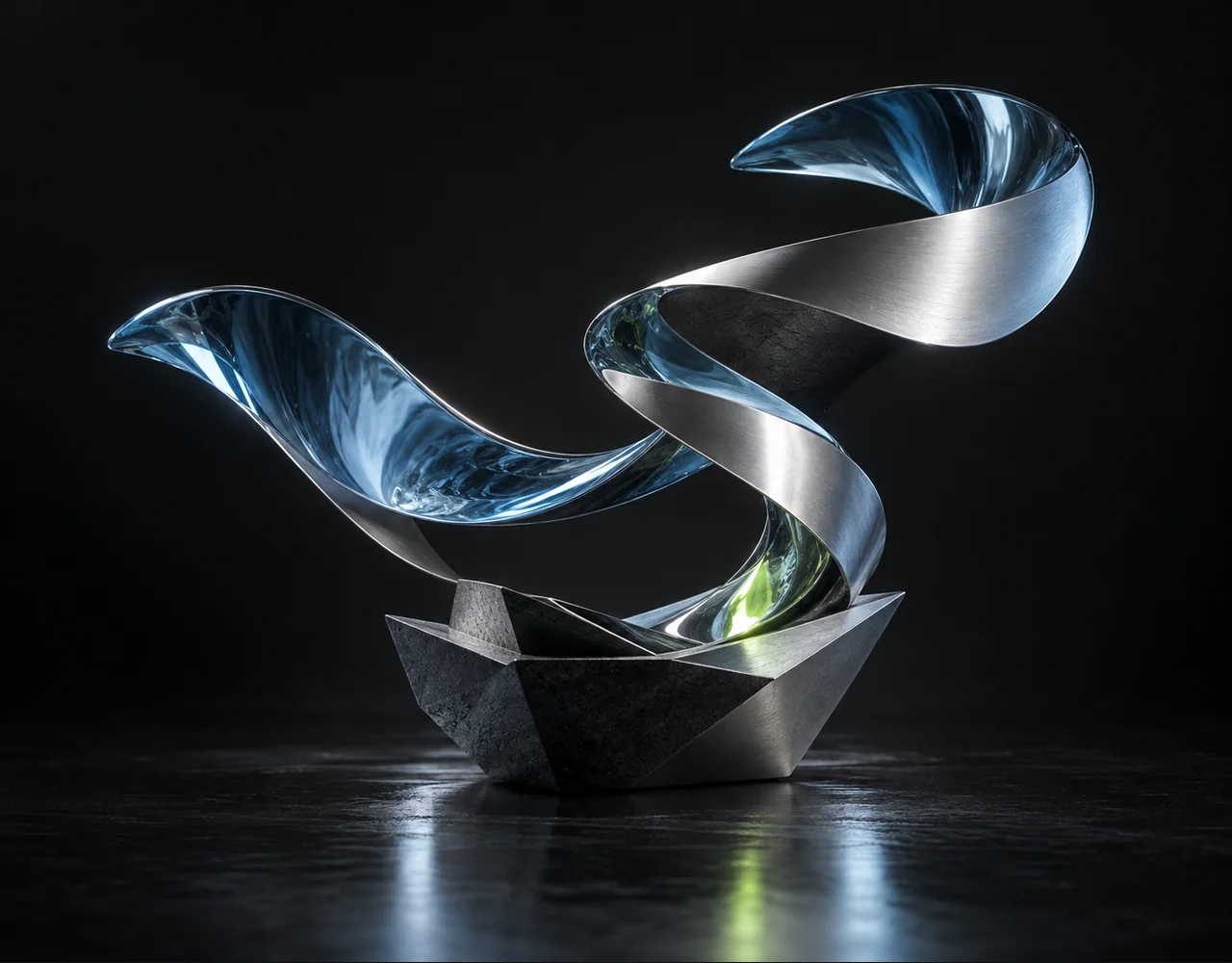 Avatar V editorial cover: a folded cinematic ribbon following one continuous elegant motion curve, arising from a low geometric vessel