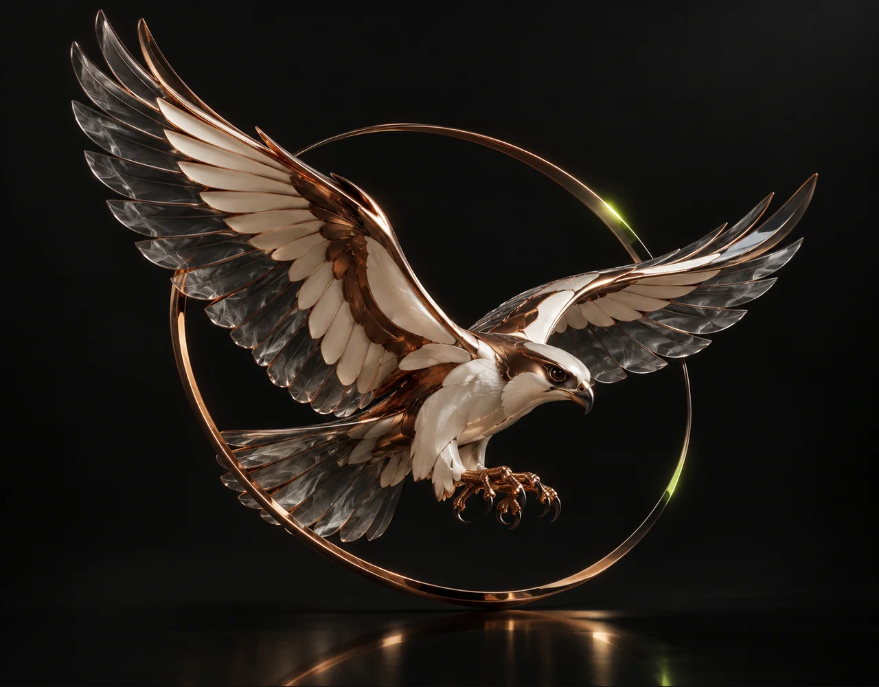 Cinematic Video Generator editorial cover: a banking falcon following one continuous elegant motion curve, floating within a thin offset optical ring
