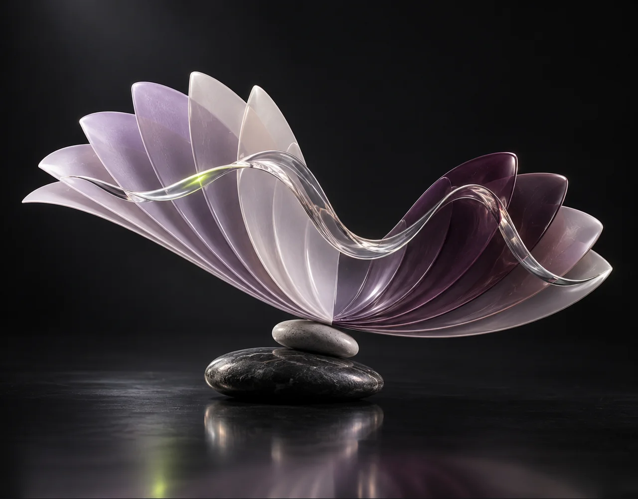 Clean Audio editorial cover: a a layered folded sound fan exchanging one continuous glass sound contour, balanced over two low contrasting pebbles